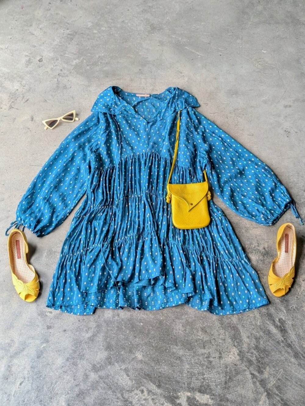 OVV Teal Mulberry Silk Balloon Sleeve Tiered Mini Dress medium